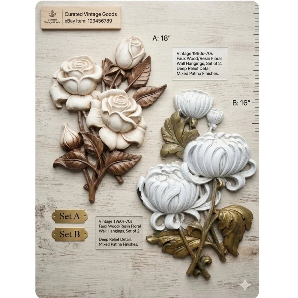 Vintage Mid Century Floral Wall Decor Plaques Set of 2 Roses & Chrysanthemums